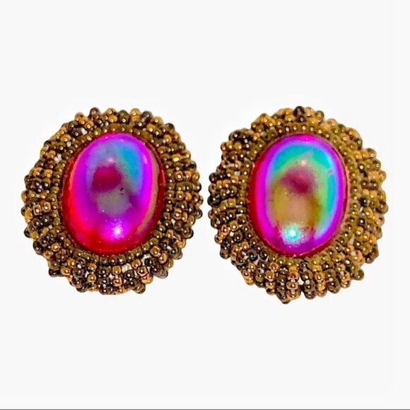 -Vintage red European iridescent glass w/ ox gold beaded earrings pierced art - Picture 3 of 10